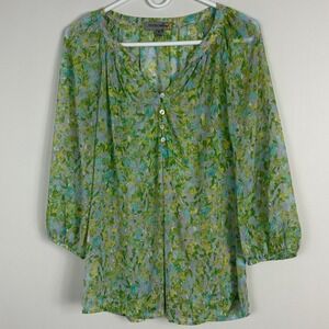 Anthropologie Figueroa Flower Green Floral Sheer V-Neck Henley Top Blouse Medium